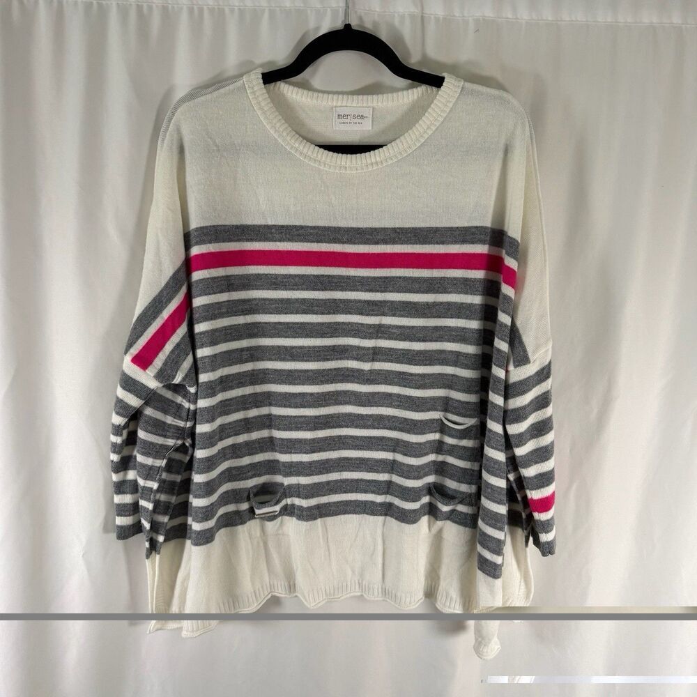 Mer Sea Sweater Women's One Size White Grey Striped Soft Lightweight Pullover
